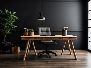 Minimalist Home Office Desk with Wooden Table and Grey Chair