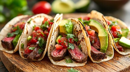 Steak tacos are filled with avocado, tomato salsa, and cilantro, a vibrant and mouthwatering combination.