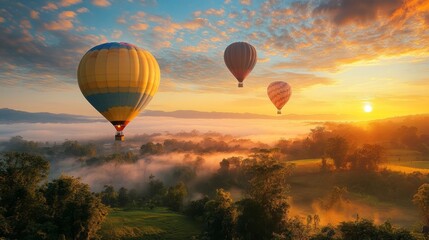 Obraz premium A serene sunrise view featuring colorful hot air balloons floating over lush landscapes and misty valleys.