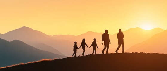 Fototapeta premium A silhouette of a family walking hand in hand at sunset, surrounded by mountains, symbolizing togetherness and adventure.