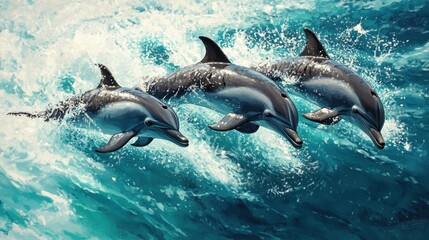 Obraz premium Three Dolphins Leaping Through Ocean Waves