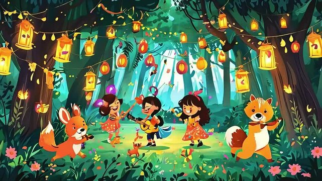 A magical forest festival with lanterns, music, and dancing animals