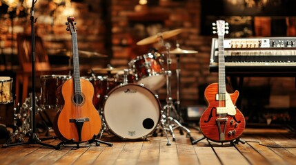 Naklejka premium A cozy music studio featuring guitars, a drum set, and a keyboard, perfect for recording and rehearsing.