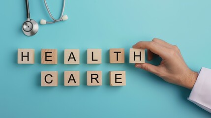 Doctor put the health care wooden block character on the blue background. Health, check up and clinic concept.