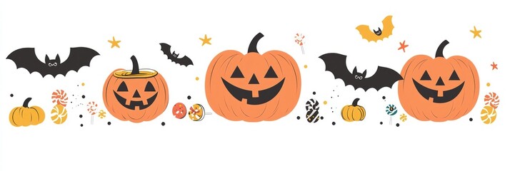 Bright and simple vector illustration of Halloween pumpkins and bats on white.