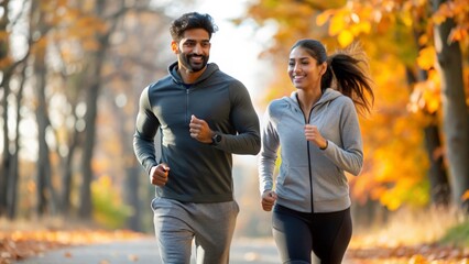 Indian Couple Jogging in Autumn Leaves – An Indian couple jogging together through a path covered with colorful autumn leaves, highlighting seasonal beauty.