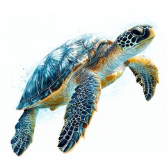Fototapeta premium A high-resolution photo of a serene turtle swimming in clear water, illustrated in a watercolor clipart style. The turtle is centered on a white background, with its intricate shell patterns and