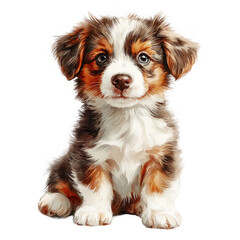 A detailed realistic photo of a playful puppy sitting with a curious expression, rendered in watercolor clipart illustration. The puppy's fur is painted with soft hues, and its eyes convey a sense of
