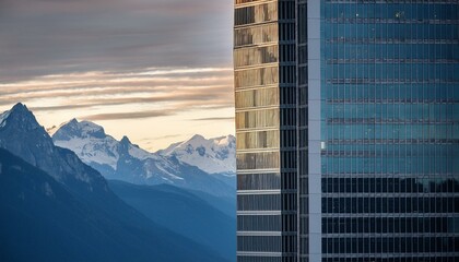 Modern sky scraper close up with big mountains in the background symbolizing business and modern properties on rustic mountains background