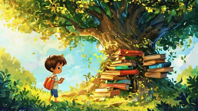 A young boy discovering a hidden tree full of magical books