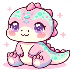 Fototapeta premium Adorable cartoon baby dinosaur in pastel hues with sparkling eyes.