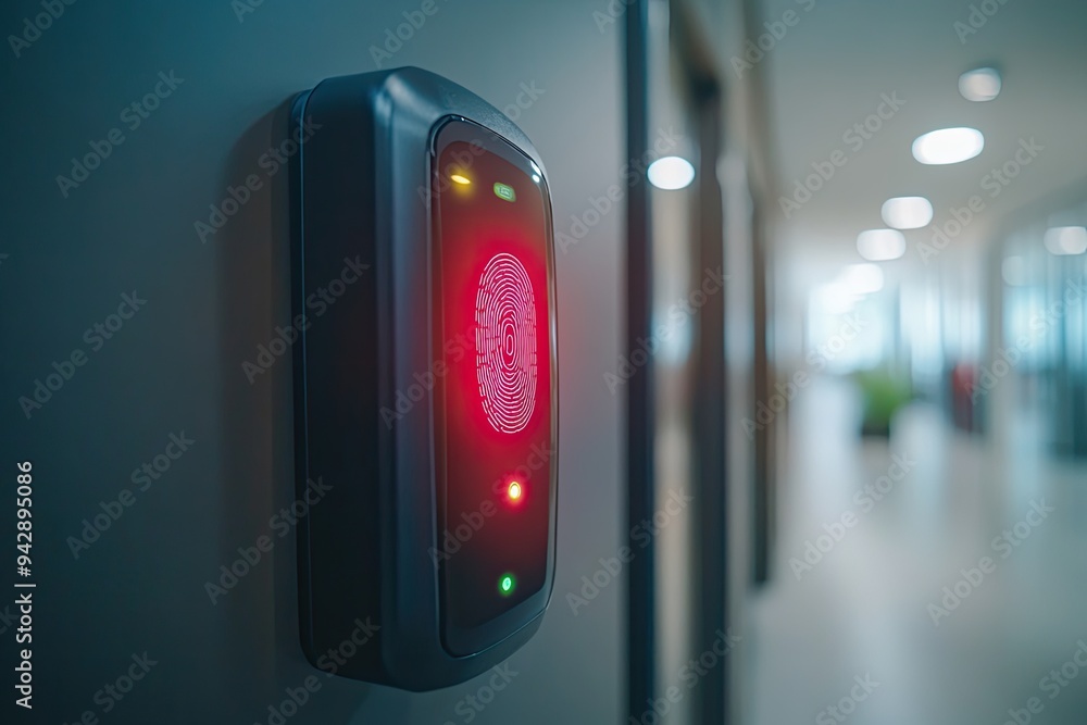 Poster fingerprint scanner mounted on wall. ideal for illustrating concepts of security, technology and acc
