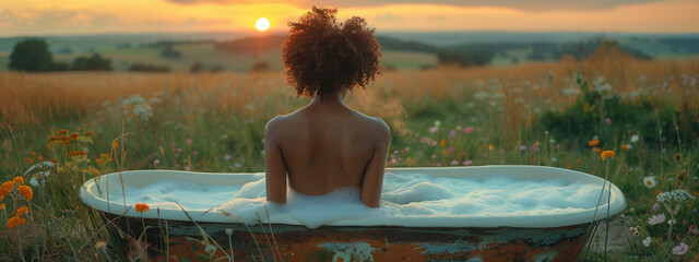 black , african american woman in outdoor bath in blurred autumn background. take care of yourself, unity with nature concept. moments of relax. banner