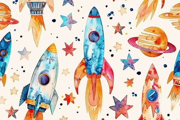 This eye-catching watercolor artwork of rockets and stars on a white backdrop is perfect for projects related to astronomy and space exploration in UHD 4K clarity.