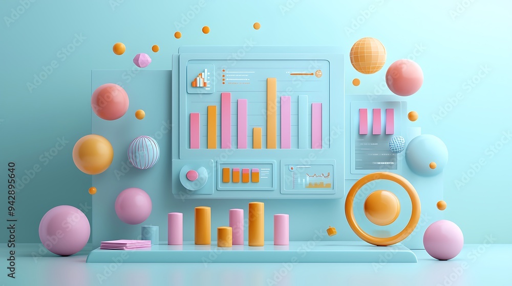 Poster a pastel blue background with 3d geometric shapes and bar graphs sets the stage for a modern abstrac