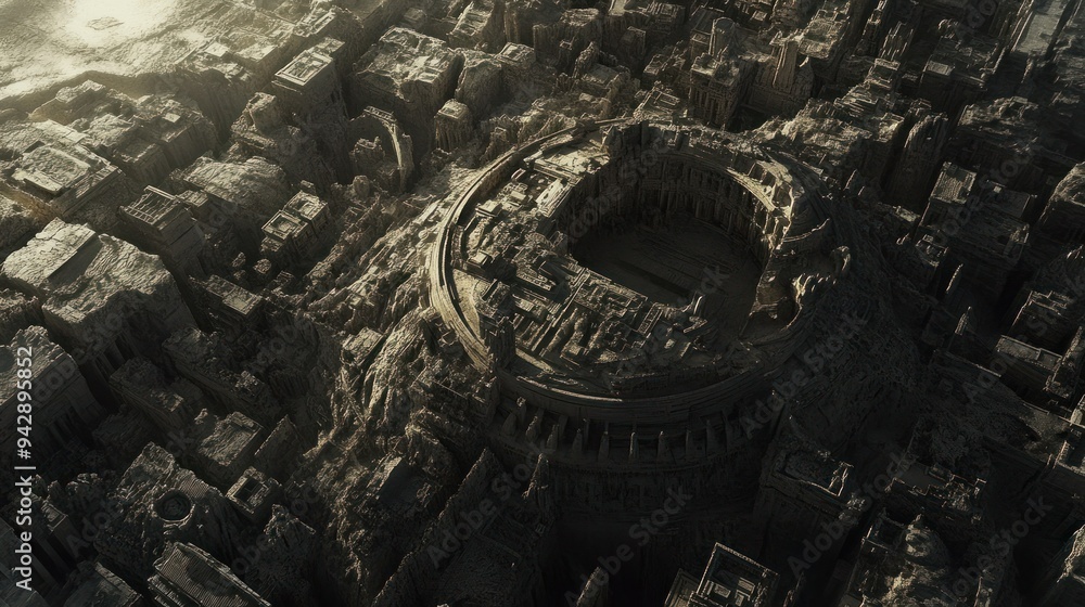 Poster aerial view of a futuristic city with a circular structure in the center