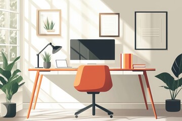 Fototapeta premium A bright and airy home office setup featuring an orange chair, a modern desk with a computer, and lush indoor plants, all bathed in natural sunlight.