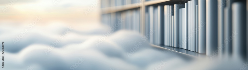 Poster a serene scene of books on a shelf above soft clouds, symbolizing knowledge and imagination in a dre
