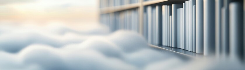 Obraz premium A serene scene of books on a shelf above soft clouds, symbolizing knowledge and imagination in a dreamy setting.