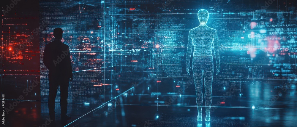 Poster digital identity: a man confronts his digital self in a world of data