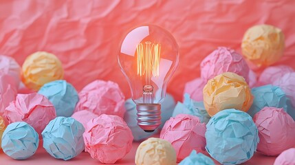 A light bulb is surrounded by colorful balls of paper. The light bulb represents an idea or a thought, while the colorful balls of paper symbolize the different aspects or perspectives of that idea