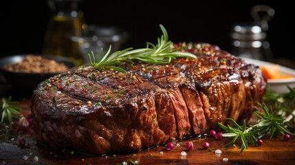 a piece of steak on a wooden cutting board