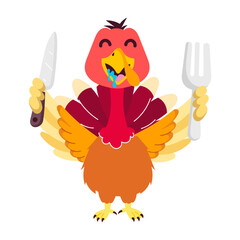 Hungry turkey with drooling mouth holding knife and folk, flat sticker 

