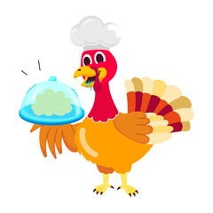 Cartoon style sticker of chef turkey serving food 

