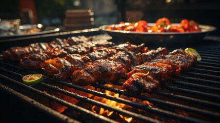 Naklejka premium a close up of a grill with meat and vegetables on it