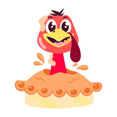 Cartoon style sticker of turkey eating thanksgiving food 

