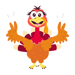 Cute turkey showing thanksgiving peace gesture, flat sticker 


