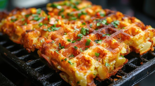 Grilled potato waffles on a black grill. This photo is perfect for illustrating a recipe or a food blog post about savory waffles.