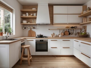 Modern White Kitchen with Wood Accents and a Window View