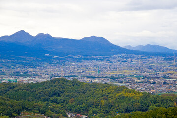 Fototapeta premium Aerial view of Takasaki town, Gunma prefecture, Kanto, Japan. 
