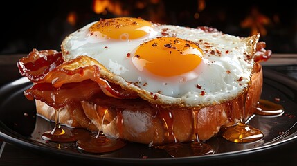 a black plate topped with two eggs and bacon
