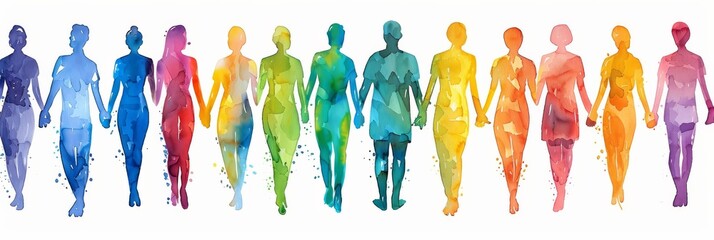 A lineup of watercolor-style human figures in rainbow hues, joined hand-in-hand against a bright white backdrop.