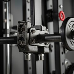 Naklejka premium Close-up image of gym equipment with metallic weights and machine components, ideal for fitness and workout themes.
