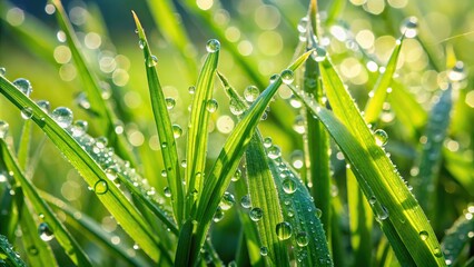 2. Freshly cut bright green grass blades glisten with morning dew, revealing delicate texture and natural growth patterns, a realistic photo image.
