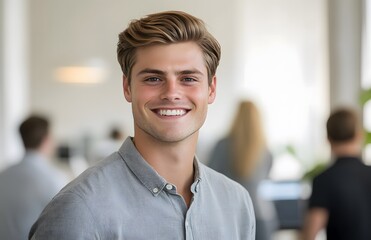 Fototapeta premium man is smiling at the camera, wearing casual and standing in an office setting