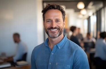 Obraz premium man is smiling at the camera, wearing casual and standing in an office setting