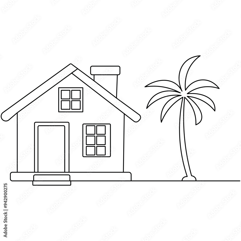 Poster house single line art, continuous one line drawing of isolated outline vector art
