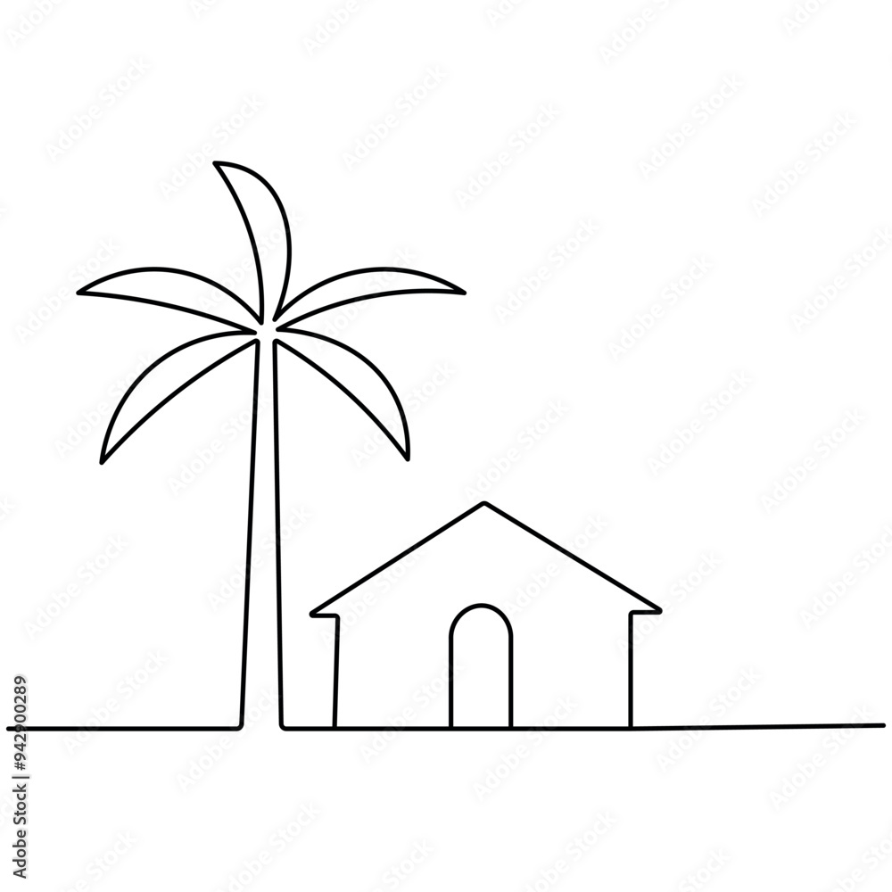 Poster house single line art, continuous one line drawing of isolated outline vector art