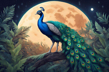 Fototapeta premium illustration of a peacock on the jungle in front of a full moon amazing view ai generated