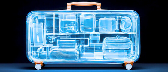 Obraz premium Transparent suitcase showcasing various travel essentials organized neatly, perfect for highlighting packing strategies.