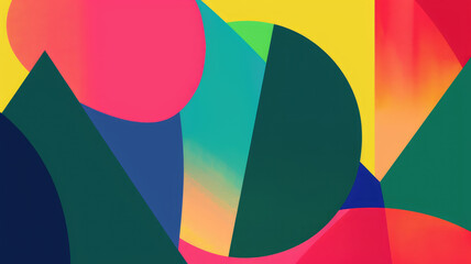 Vibrant and colorful abstract background with geometric shapes in shades of green, red, blue, pink and yellow