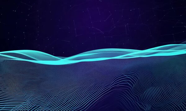 Exploring an ethereal landscape of flowing lines and waves under a cosmic sky at twilight, where colors dance and harmonize in mesmerizing patterns. Generative AI