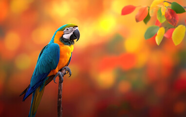 A vibrant parrot perched gracefully, surrounded by colorful foliage, showcasing its stunning feathers in a serene natural setting.