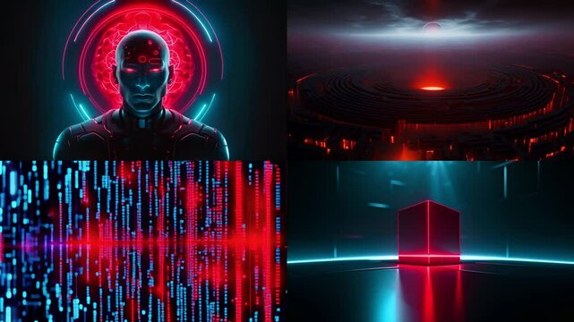 Abstract AI-generated background with digital shapes, futuristic elements and patterns. Concept of future technologies and artificial intelligence.