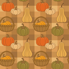 Seamless vector pattern with autumn pumpkins on a checkered brown background, decorative wallpaper, tablecloth, design for textile printing.