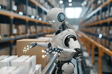 Fototapeta premium Robot at work in the factory. Warehouse working on production line. 